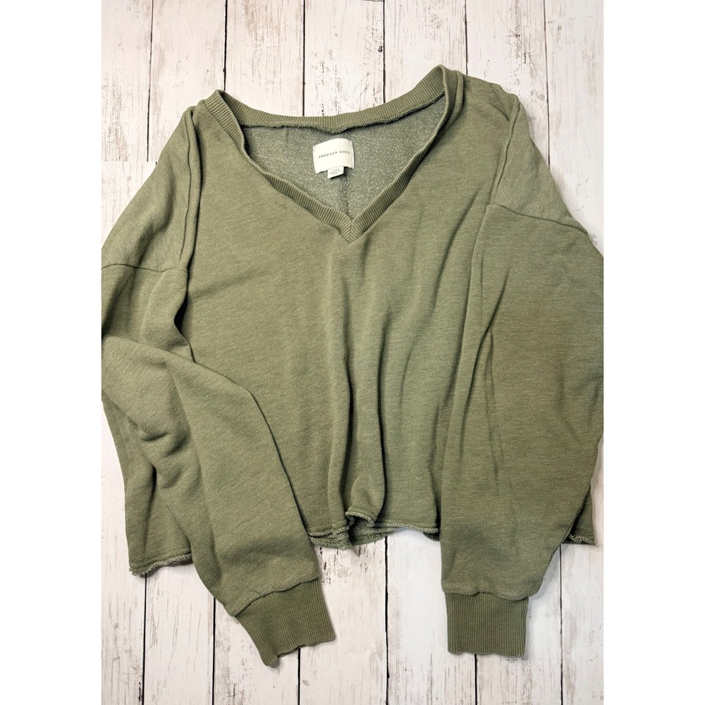 American Eagle Olive Green V-Neck Cropped Sweatshirt Raw Hem Oversized Small